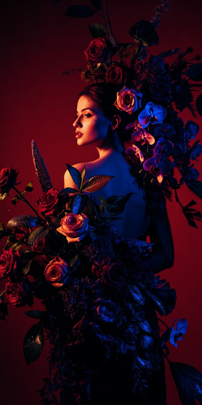 red,  A dramatic,  high-contrast color portrait inspired by noir composition but centered on Flower Arrangement Art with e...