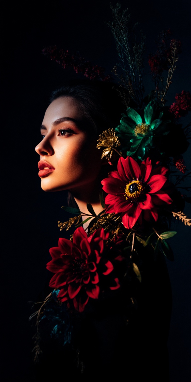red,  A moody,  cinematic color portrait merging dramatic lighting with intricate Flower Arrangement Art. The woman stands...