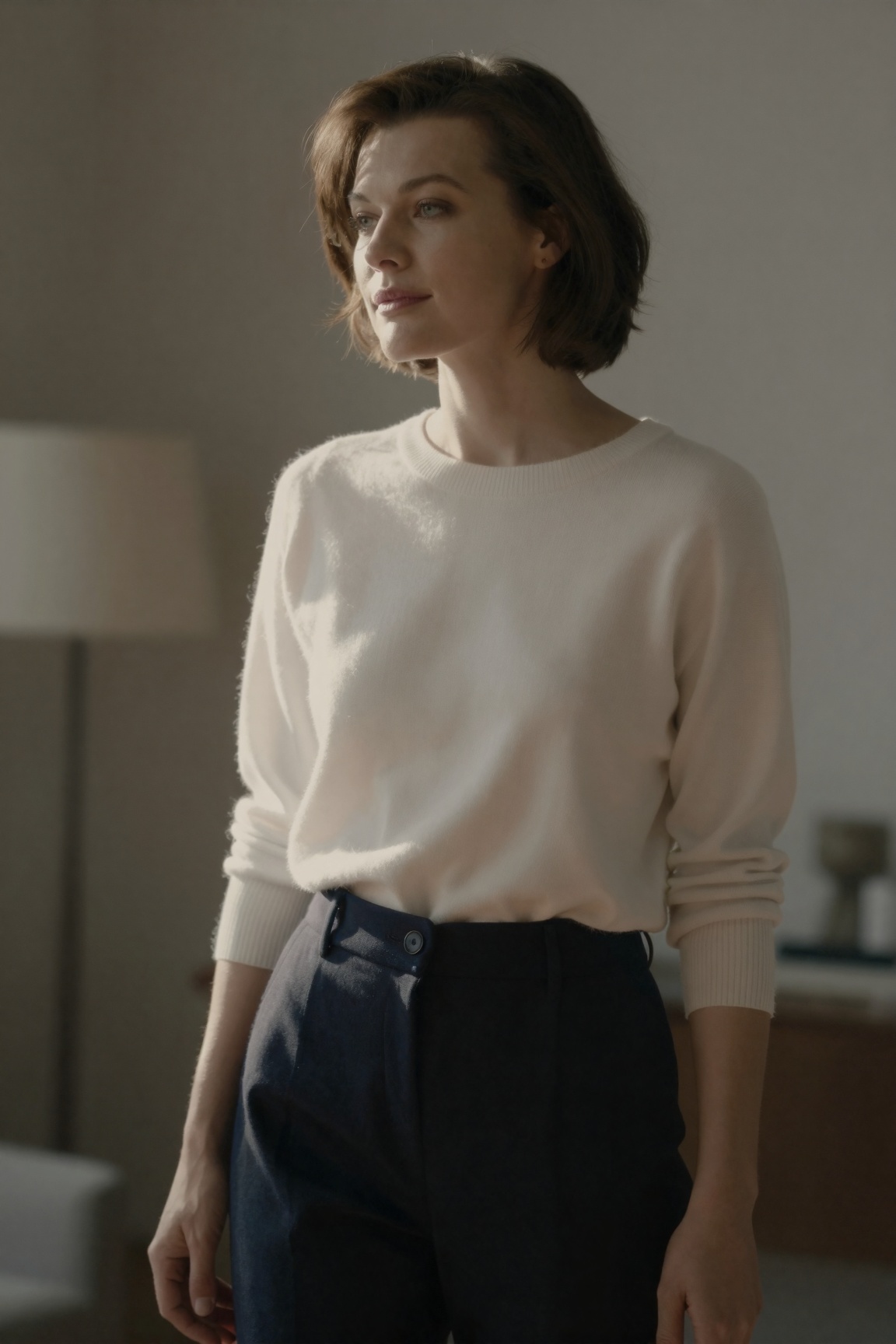 A portrait of wo_millajov01 a woman indoors,  captured in a half-body composition with soft natural side lighting shaping...