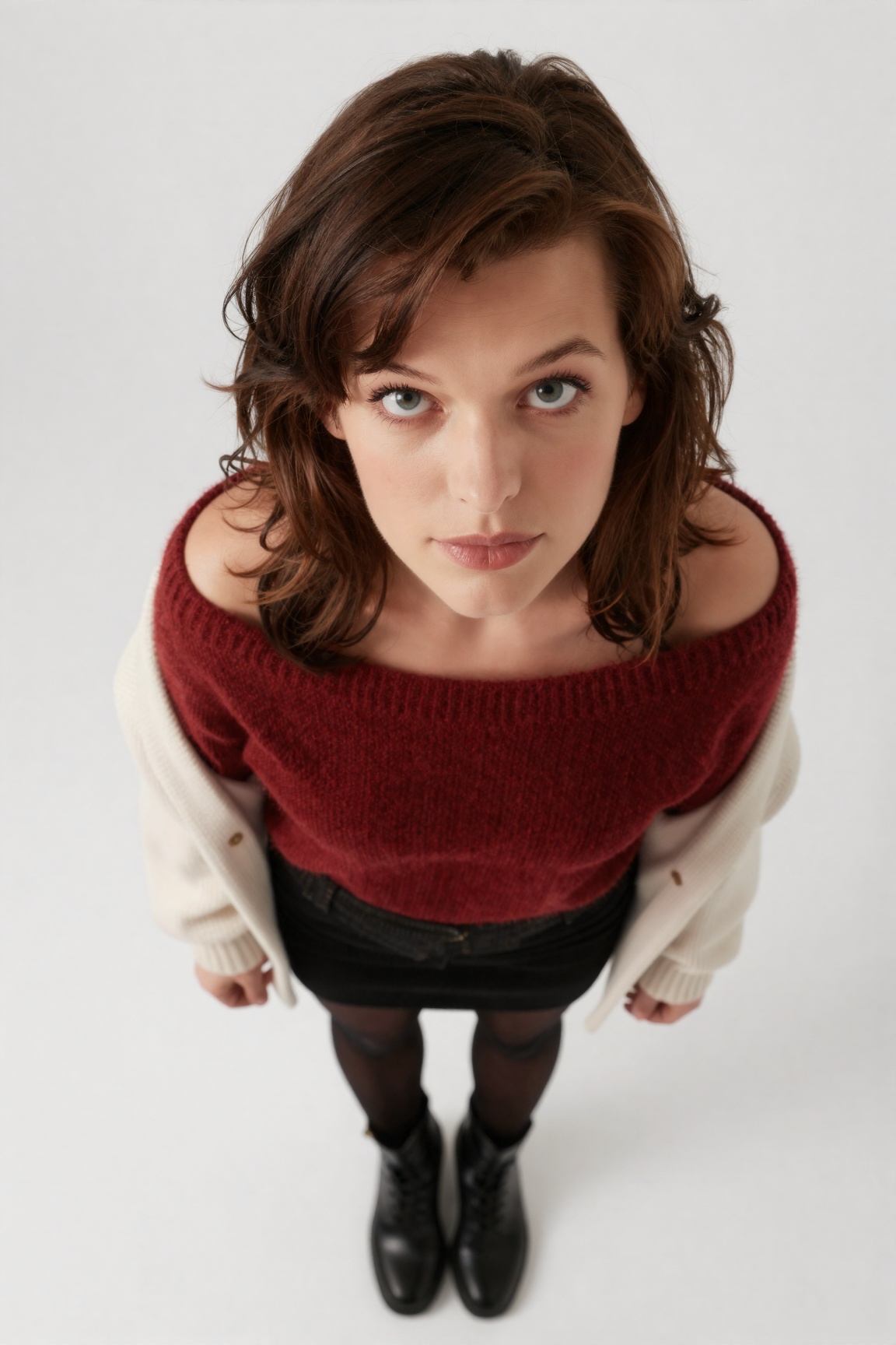 A photorealistic studio portrait of wo_millajov01 a woman,  captured from a high angle with the camera tilted slightly to...