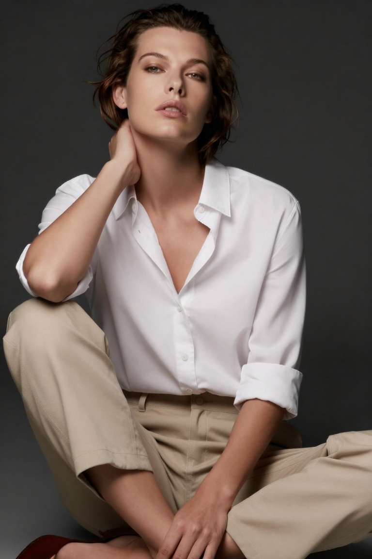 a portrait-style photograph of wo_millajov01sitting with her legs crossed. She is wearing a white blouse and beige trouser...