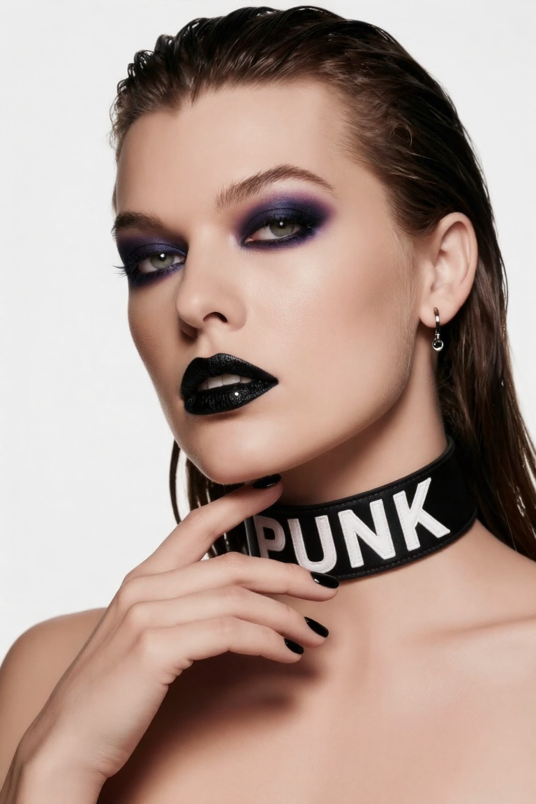 A high quality portrait photo of wo_millajov01 the gorgeous woman she wears a strong dark makeup with black eyeliner,  dar...