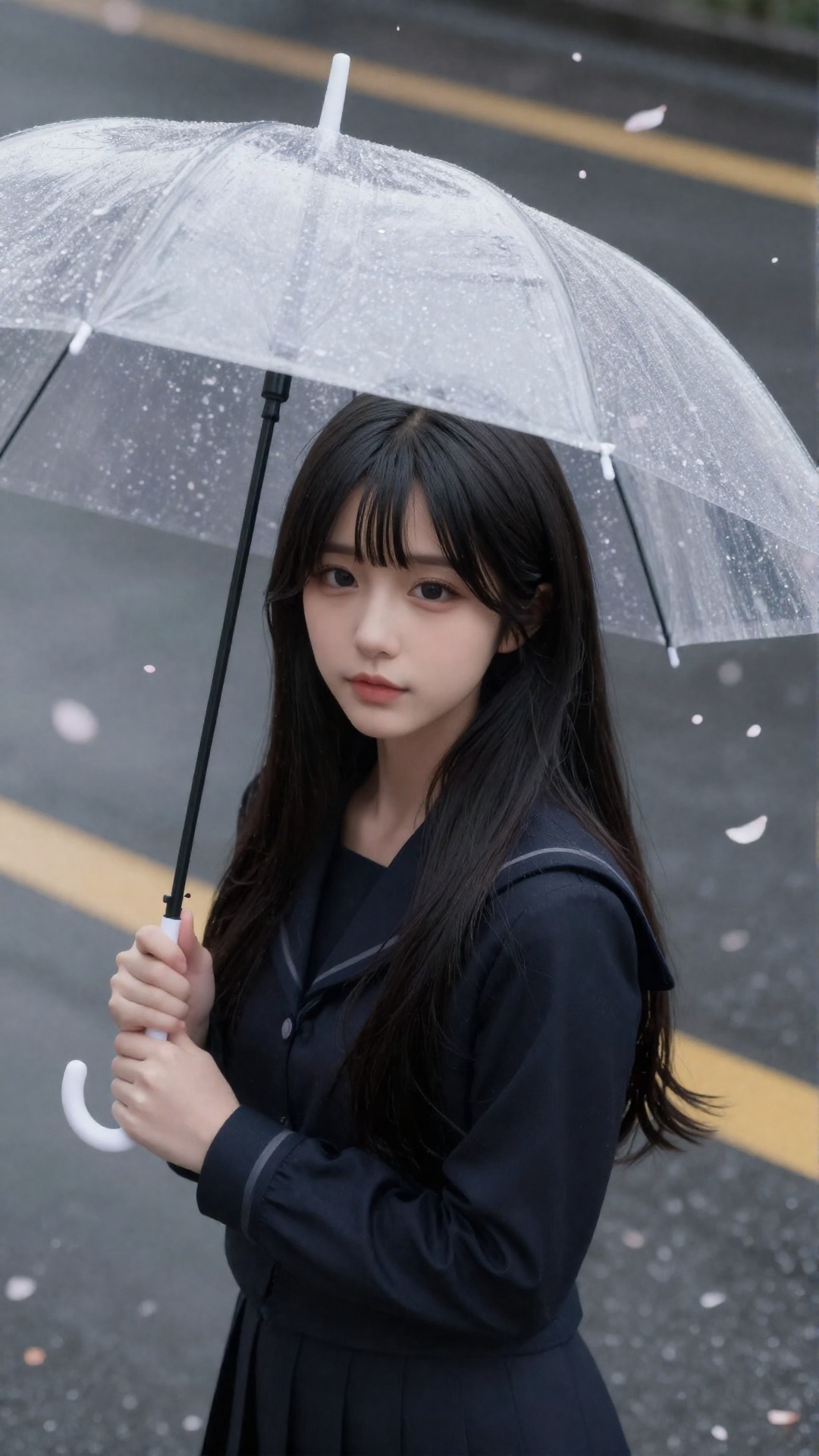 A photorealistic,  photograph High-angle,  extreme close-up shot looking down at a young East Asian woman standing on a ci...