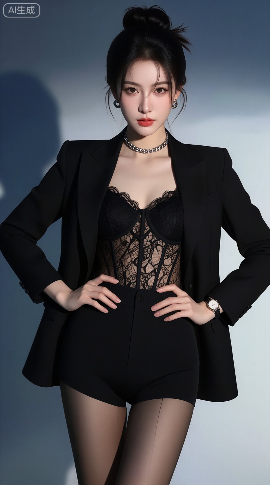 A striking East Asian woman with dark, tousled hair styled in a messy high bun, exuding bold confidence and edgy elegance. She wears a tailored black blazer over a lace corset top with intricate detailing, paired with high-waisted black shorts and sheer black tights. Her hands rest on her hips, accentuating her powerful stance against a cool-toned gradient background that transitions from deep blue to soft white. She accessorizes with a chunky silver choker, statement earrings, and a delicate wristwatch, adding a touch of glamour. The lighting is dramatic and directional, casting strong shadows and highlighting her sharp features and structured outfit. Her makeup is bold—defined eyes, sculpted brows, and a matte red lip—enhancing her intense, fashion-forward look. — ar 3:4 --v 6 --style raw --lighting cinematic chiaroscuro, high-fashion editorial, dark glam and modern sophistication