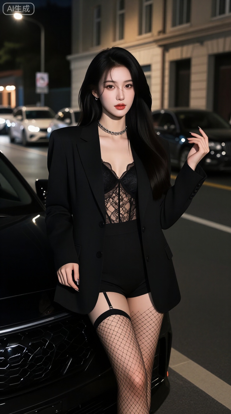 A captivating East Asian woman with long, flowing black hair styled in soft waves, standing confidently beside a sleek black car on a quiet urban street at night. She wears a stylish all-black ensemble: an oversized tailored blazer over a deep V-neck lace top with sheer paneling, high-waisted shorts, and fishnet stockings held by garter straps, paired with elegant heels. Her accessories include a bold silver chain choker, subtle earrings, and long, glossy nails with metallic accents. One hand rests lightly on her arm while the other is raised in a delicate gesture, exuding poise and allure. The background features softly blurred city lights, parked cars, and classic European-style architecture, creating a cinematic atmosphere. Dramatic low-key lighting highlights her silhouette and facial features, casting moody shadows that enhance the mysterious and glamorous vibe. — ar 3:4 --v 6 --style raw --lighting cinematic night lighting, fashion editorial, dark elegance, urban chic