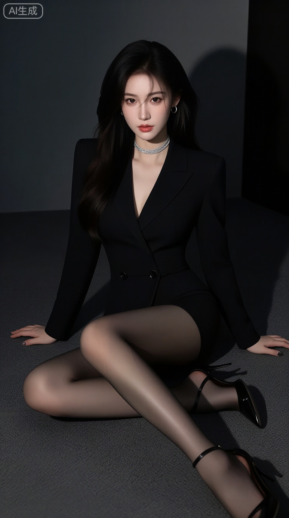 A captivating East Asian woman with long, flowing dark hair styled in a soft, windswept manner, sitting elegantly on a plush carpeted floor in a dimly lit, minimalist space. She wears a tailored black blazer dress with a deep V-neckline and structured shoulders, exuding confidence and sophistication. The outfit is paired with sheer black tights and sleek black heels with delicate straps, accentuating her graceful legs. Her accessories include a sparkling silver choker, small hoop earrings, and subtle nail art—adding a touch of glamour to the monochrome look. One hand rests gently on the floor while the other lies relaxed beside her, creating a poised yet natural pose. The lighting is dramatic and low-key, casting soft shadows and highlighting her facial features and silhouette against the dark background. The mood is intimate, mysterious, and fashion-forward, evoking high-end editorial photography. — ar 3:4 --v 6 --style raw --lighting cinematic chiaroscuro, moody atmosphere, elegant darkness, modern glamour