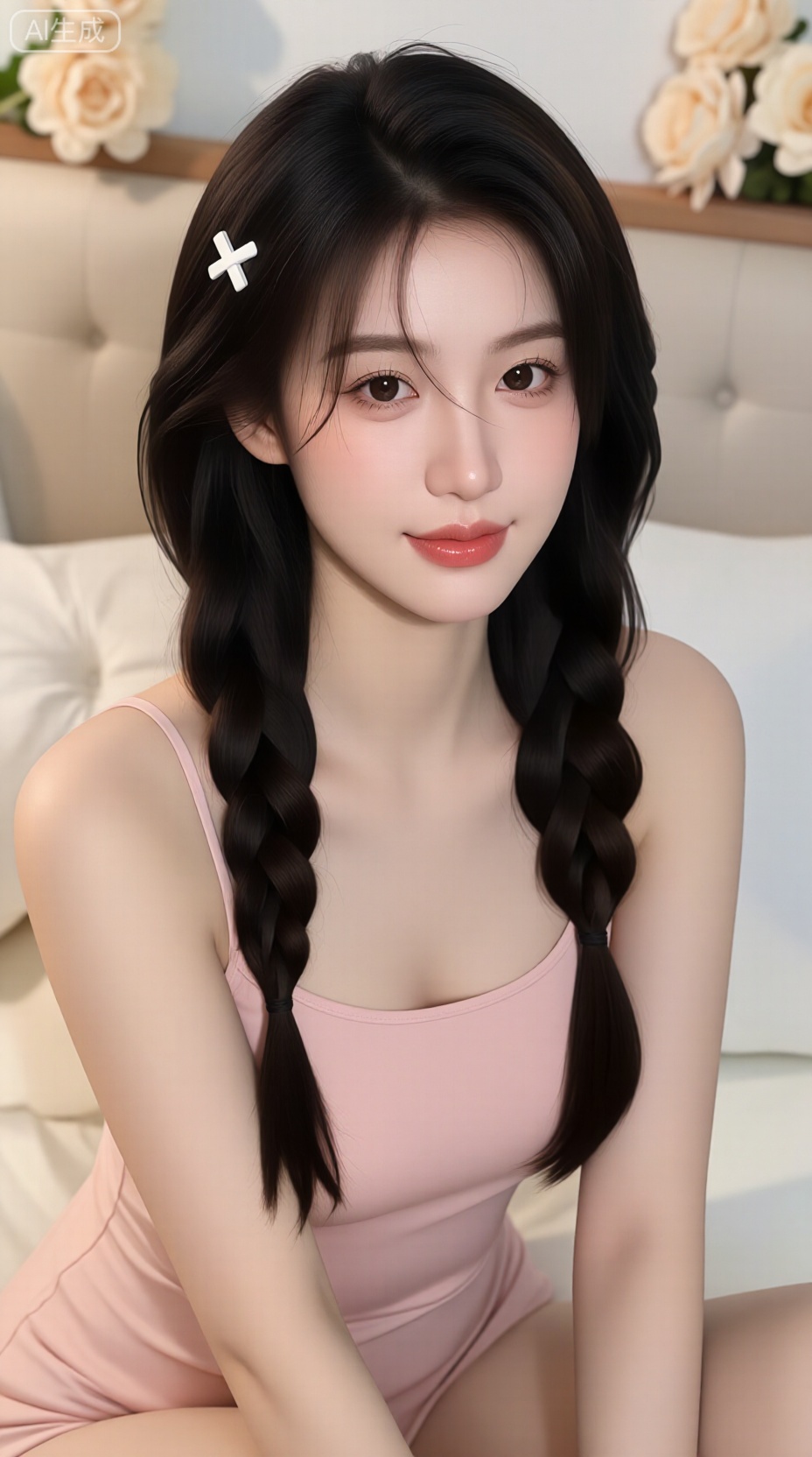 A beautiful young East Asian woman with long, wavy dark brown hair styled in a soft double-braid with loose strands framing her face, adorned with a delicate white cross-shaped hair clip on one side, wearing a light pink sleeveless top, sitting comfortably on a plush bed with fluffy white bedding and a tufted headboard, gentle smile with soft rosy lips and bright, expressive eyes, natural makeup featuring subtle blush, glossy finish, and defined lashes, warm indoor lighting creating a soft, dreamy glow, background decorated with cream-colored flowers and minimalist decor, high-resolution photo-realistic portrait with smooth skin texture, detailed hair strands, and shallow depth of field focusing on her face — ar 1:1 --v 6 --style raw --lighting soft ambient indoor light with gentle highlights and warm tone, cozy and feminine atmosphere