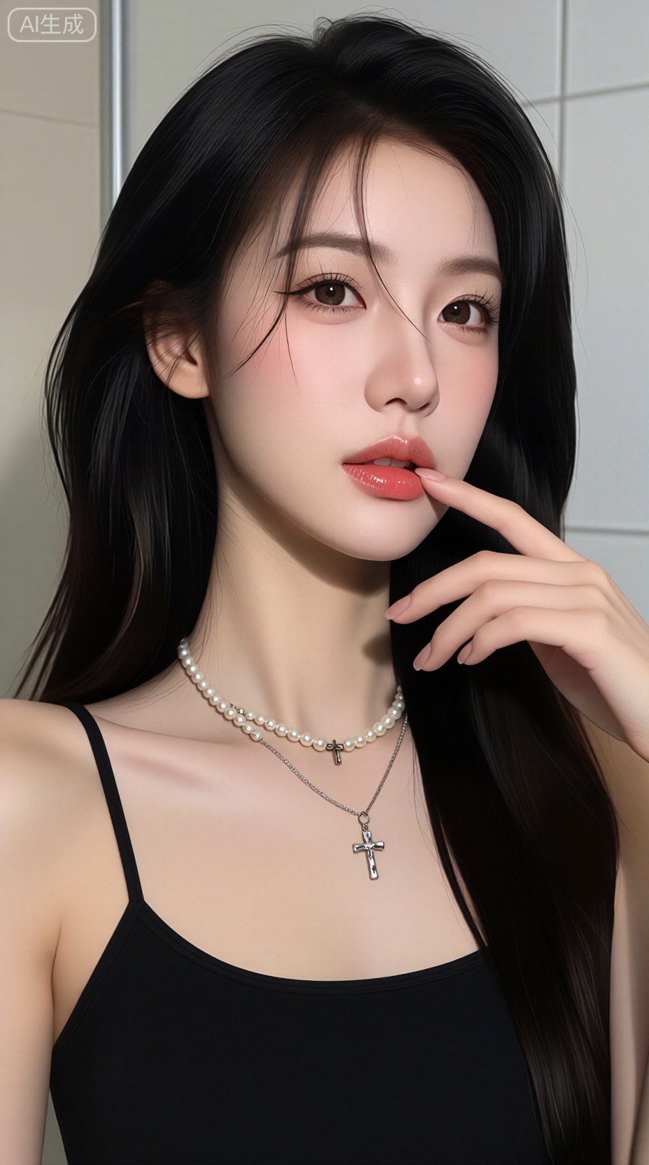 A close-up portrait of a striking East Asian woman with long, wet dark hair loosely framing her face, styled in a soft, tousled manner. She wears bold, dramatic makeup—defined winged eyeliner, voluminous lashes, rosy cheeks, and glossy pink lips—enhancing her intense gaze. Her expression is confident and slightly mysterious, with one finger gently touching her lower lip, adding a touch of allure and sensuality. She’s dressed in a simple black spaghetti strap top, drawing attention to her layered necklaces: multiple delicate chains featuring pearls, small cross pendants, and minimalist charms, creating an edgy yet elegant aesthetic. The background is clean and modern—a neutral-toned bathroom with tiled walls and soft lighting—emphasizing the focus on her facial features and accessories. The overall mood is chic, contemporary, and fashion-forward, blending Korean beauty trends with a raw, editorial vibe. — ar 1:1 --v 6 --style raw --lighting soft natural light, high detail skin texture, close-up selfie, urban glamour, minimalist elegance