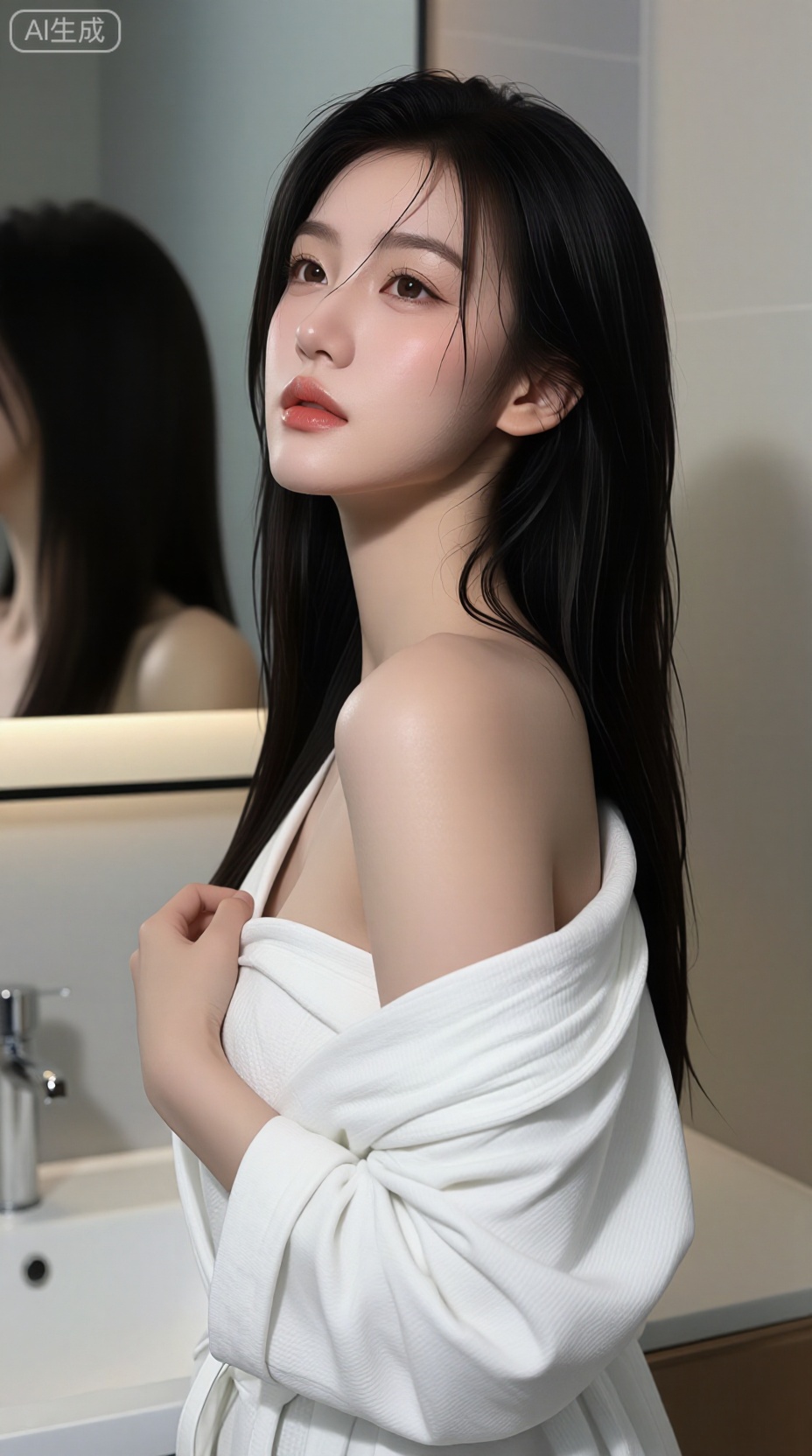 A captivating East Asian woman with long, wet dark hair clinging to her shoulders, standing in a modern minimalist bathroom. She is wrapped in a soft white bathrobe, slightly slipping off one shoulder, revealing dewy skin glistening with water droplets. Her expression is serene yet subtly alluring, with natural makeup enhancing her delicate features—soft blush, defined eyes, and a muted lip tone. One hand gently holds the edge of the robe, adding a sense of vulnerability and elegance. The background includes a clean mirror reflecting her silhouette, a sleek sink, and neutral-toned tiles, emphasizing a calm and intimate atmosphere. Soft, diffused lighting highlights the texture of her damp hair and the fabric of the robe, creating a dreamy, cinematic mood. The overall aesthetic is minimalist, fresh, and sensual—evoking a quiet moment of self-care and natural beauty. — ar 3:4 --v 6 --style raw --lighting soft indoor light, natural glow, wet skin texture, serene intimacy, fashion editorial