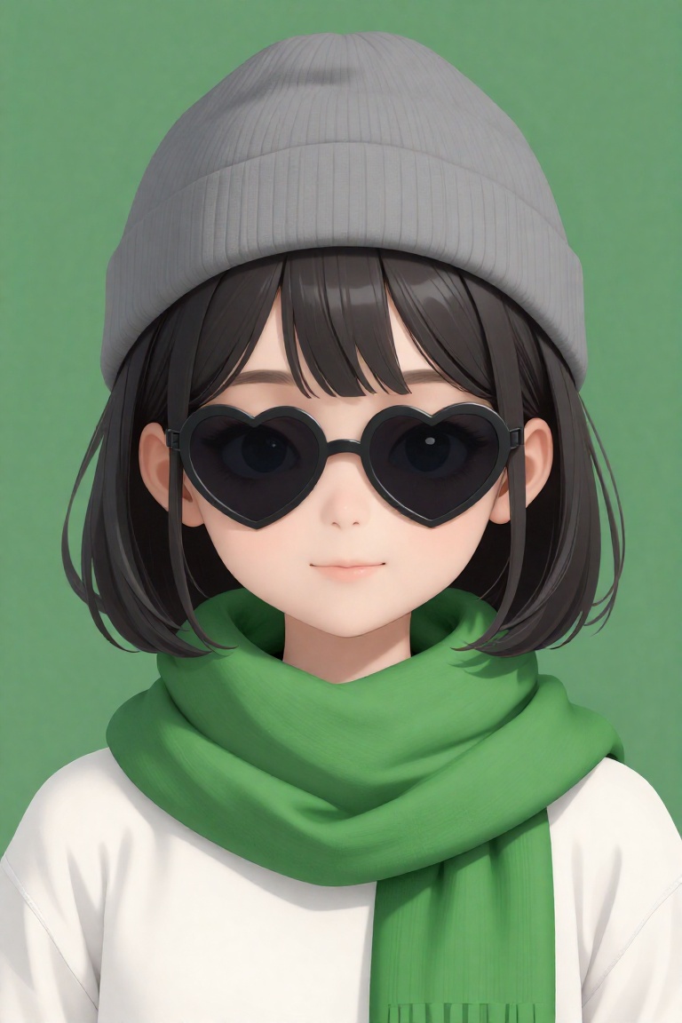 A digital illustration shoot from a portrait camera angle about a cute anime girl wearing a beanie and sunglasses,  with a...