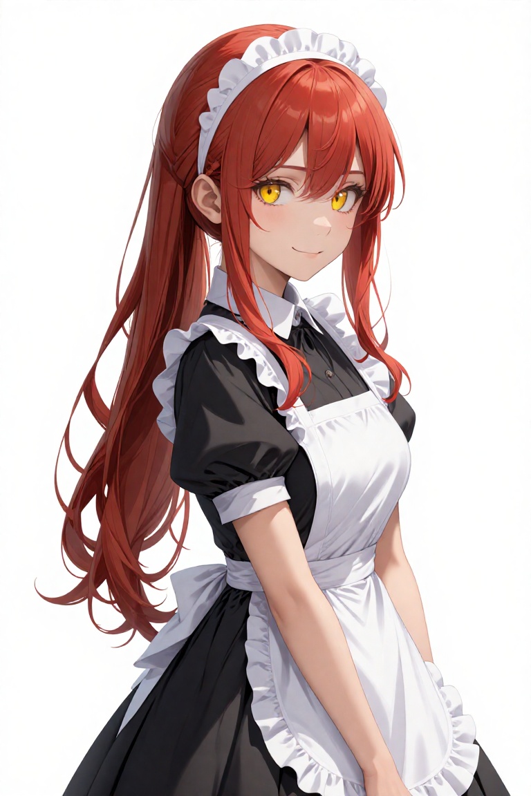A digital illustration shoot from a portrait angle about a character with long red hair and yellow eyes wearing a maid out...