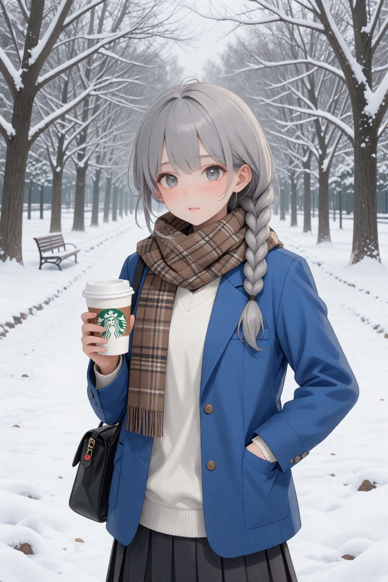 A digital illustration shoot from a frontal camera angle about a young girl holding a coffee cup in a snowy park setting....