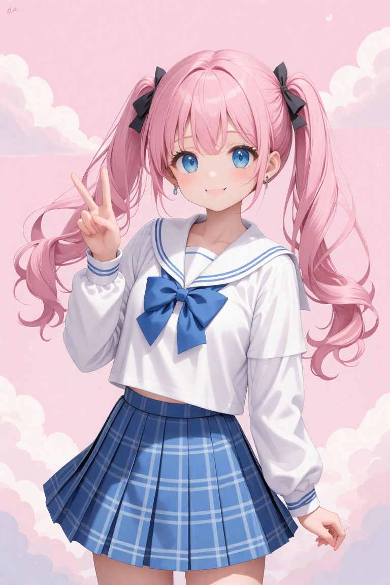A cute anime-style drawing of a young girl with long,  wavy pink hair styled in pigtails with black ribbons,  wearing a wh...