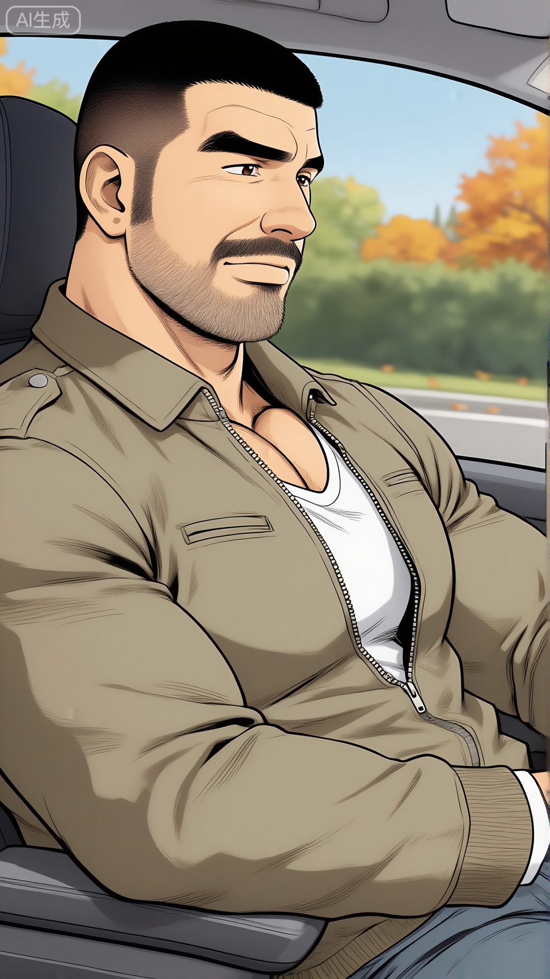漫画,tgywl,极致细节,4K壁纸,最高质量,杰作,极致清晰,
一位身材健硕的中年男性,寸头造型,留有胡须,身着卡其色拉链外套（内搭白色衣物）,坐在车内,车窗外能看到带有秋意的树木与街道,车内光线自然