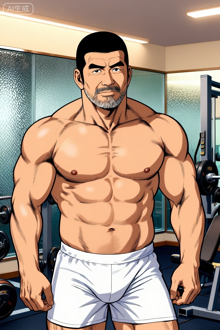 漫画,tgywl,1man,by Takame Gengorou,极致细节,4K壁纸,最高质量,杰作,极致清晰,在中国,
50岁左右的中年男性田龟源五郎,气质沉稳且充满力量感,留着寸头、面部有胡须,赤裸上身（肌肉线条匀称结实）,穿着白色短裤,身处健身房内（背景有健身器械、带有纹理的玻璃墙与镜子,暖调光线营造出复古氛围）,脂包肌身材。,田龟源五郎风格