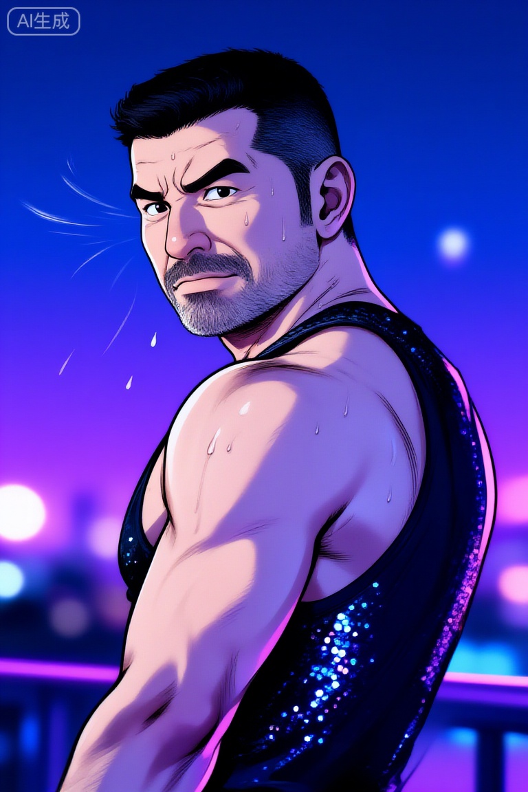 田龟源五郎风格漫画,极致细节,4K壁纸,最高质量,杰作,极致清晰,最高质量,杰作,
男性, 
一个中年男人,有一张硬朗、阳刚的脸和整洁的短发。他赤膊上阵,肌肉被脂肪覆盖,但身体紧绷,肌肉线条有力,置身于迷幻的蓝色与紫色霓虹灯光中,他正回眸凝视镜头,眼神充满故事感,他身着带有亮片的黑色吊带背心,脸上的汗滴被风吹起,背景是虚化的都市夜景与闪烁的灯光,摄影,照片级真实,人像模式,焦距85mm,光圈f/1.4,ISO 400,背景光斑如奶油般化开,极致细节,4K壁纸,电影感光影,tgywl