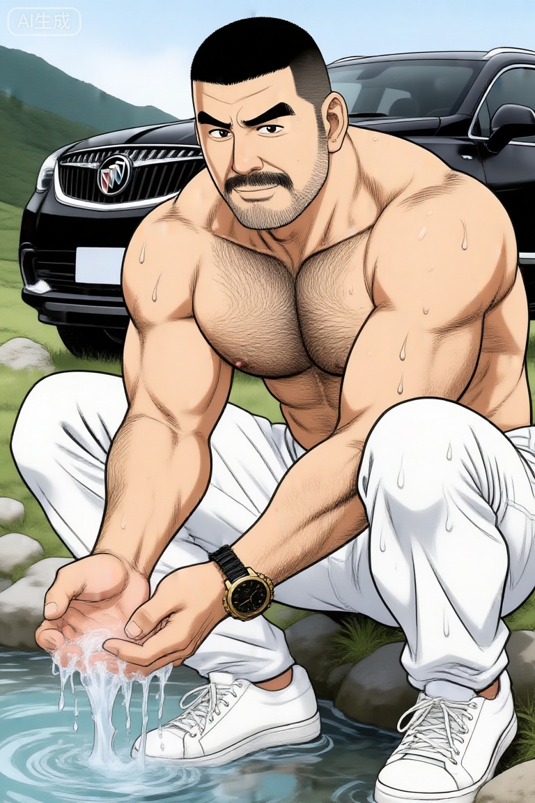 田龟源五郎风格漫画,一位身材健硕的中年男性,寸头造型,留有胡须。他赤裸上身,肌肉线条明显且带有水珠,穿着白色长裤与白色板鞋,佩戴着一块黑金配色的手表。他蹲在山间溪流中,双手捧水,背景是一辆黑色的别克昂科威SUV,整体画面呈现出硬朗、野性且充满质感的户外氛围。,tgywl