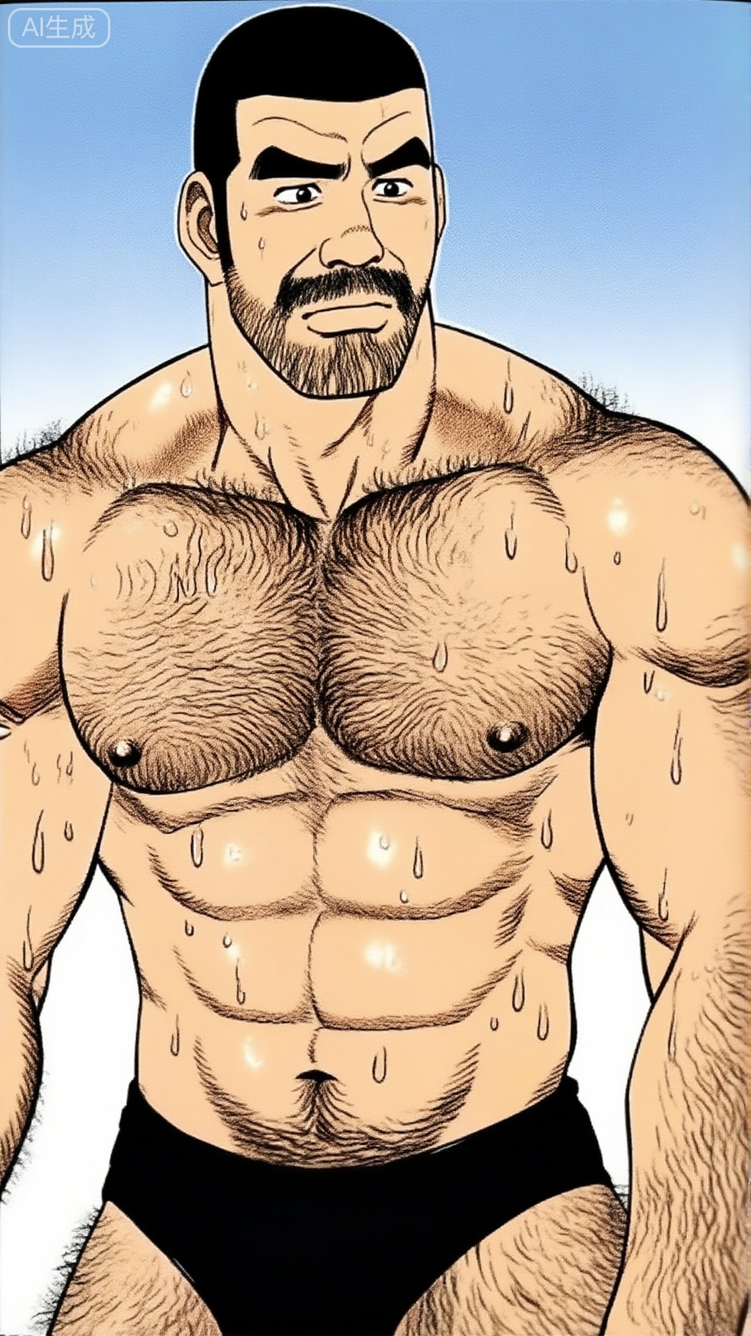 漫画,彩色漫画,田龟源五郎风格,
一位身材健硕的中年男性,寸头造型,留有胡须。他赤裸上身,肌肉线条明显且带有水珠,整体画面呈现出硬朗、野性且充满质感的户外氛围。,田龟源五郎风格,tgywl