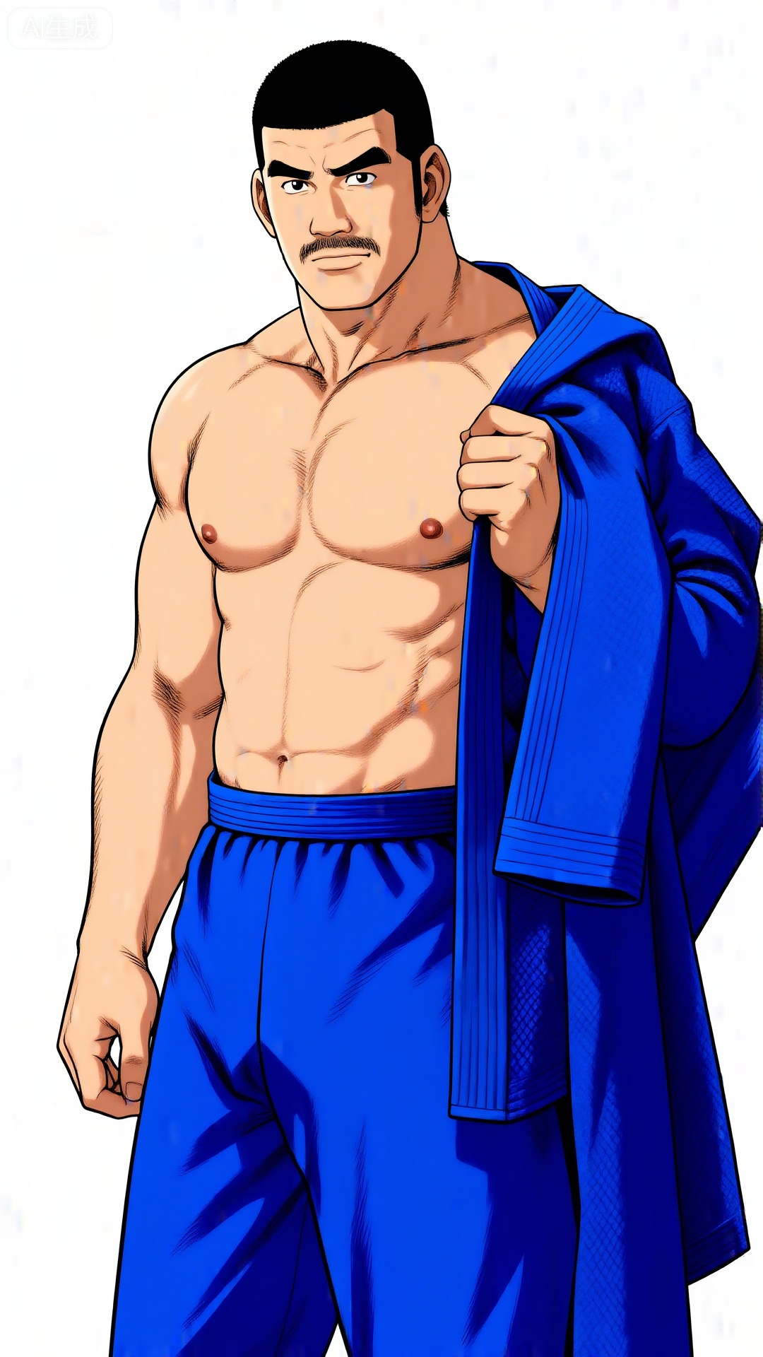 彩色漫画,田龟源五郎风格,极致细节,4K壁纸,最高质量,杰作,极致清晰,极致细节,4K壁纸,最高质量,杰作,
男性, 38岁左右的中年男性赵磊,气质硬朗且充满力量感,留寸头、面部有胡须,赤裸上身（肌肉线条饱满）,穿着蓝色柔道裤,右手搭着蓝色柔道服,身处纯白背景前,整体画面光线明亮均匀。脂包肌身材,中国男人,tgywl