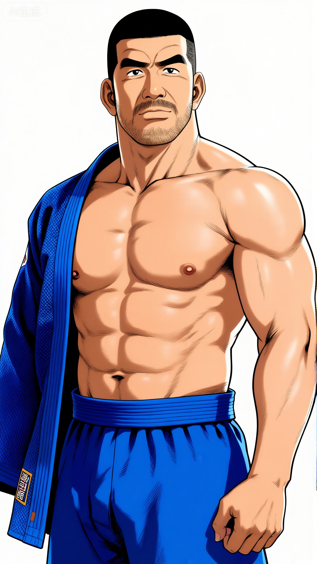 彩色漫画,田龟源五郎风格,极致细节,4K壁纸,最高质量,杰作,极致清晰,极致细节,4K壁纸,最高质量,杰作,
男性, 38岁左右的中年男性赵磊,气质硬朗且充满力量感,留寸头、面部有胡须,赤裸上身（肌肉线条饱满）,穿着蓝色柔道裤,右手搭着蓝色柔道服,身处纯白背景前,整体画面光线明亮均匀。脂包肌身材,中国男人,tgywl