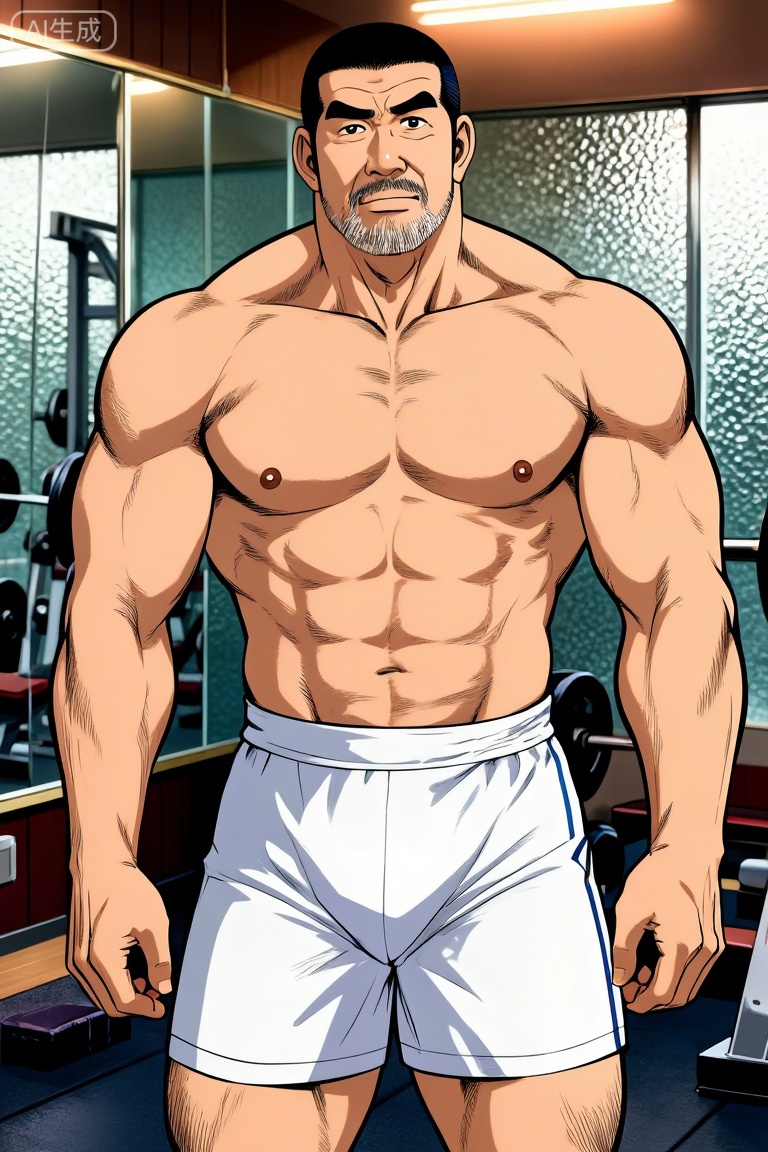 漫画,tgywl,1man,by Takame Gengorou,极致细节,4K壁纸,最高质量,杰作,极致清晰,在中国,
50岁左右的中年男性田龟源五郎,气质沉稳且充满力量感,留着寸头、面部有胡须,赤裸上身（肌肉线条匀称结实）,穿着白色短裤,身处健身房内（背景有健身器械、带有纹理的玻璃墙与镜子,暖调光线营造出复古氛围）,脂包肌身材。,田龟源五郎风格