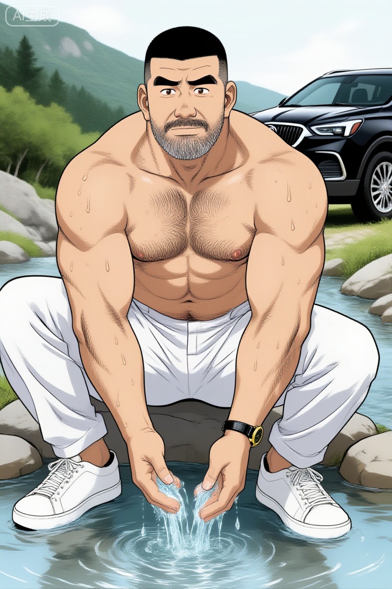 田龟源五郎风格漫画,一位身材健硕的中年男性,寸头造型,留有胡须。他赤裸上身,肌肉线条明显且带有水珠,穿着白色长裤与白色板鞋,佩戴着一块黑金配色的手表。他蹲在山间溪流中,双手捧水,背景是一辆黑色的别克昂科威SUV,整体画面呈现出硬朗、野性且充满质感的户外氛围。,tgywl