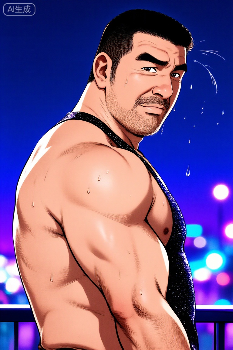 田龟源五郎风格漫画,极致细节,4K壁纸,最高质量,杰作,极致清晰,最高质量,杰作,
男性, 
一个中年男人,有一张硬朗、阳刚的脸和整洁的短发。他赤膊上阵,肌肉被脂肪覆盖,但身体紧绷,肌肉线条有力,置身于迷幻的蓝色与紫色霓虹灯光中,他正回眸凝视镜头,眼神充满故事感,他身着带有亮片的黑色吊带背心,脸上的汗滴被风吹起,背景是虚化的都市夜景与闪烁的灯光,摄影,照片级真实,人像模式,焦距85mm,光圈f/1.4,ISO 400,背景光斑如奶油般化开,极致细节,4K壁纸,电影感光影,tgywl