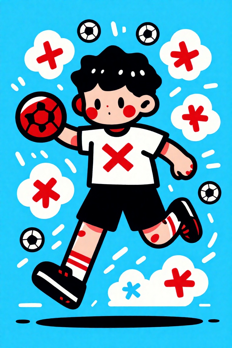 This is a digital drawing in a bold,  cartoon style featuring a young boy running against a bright blue background The boy...