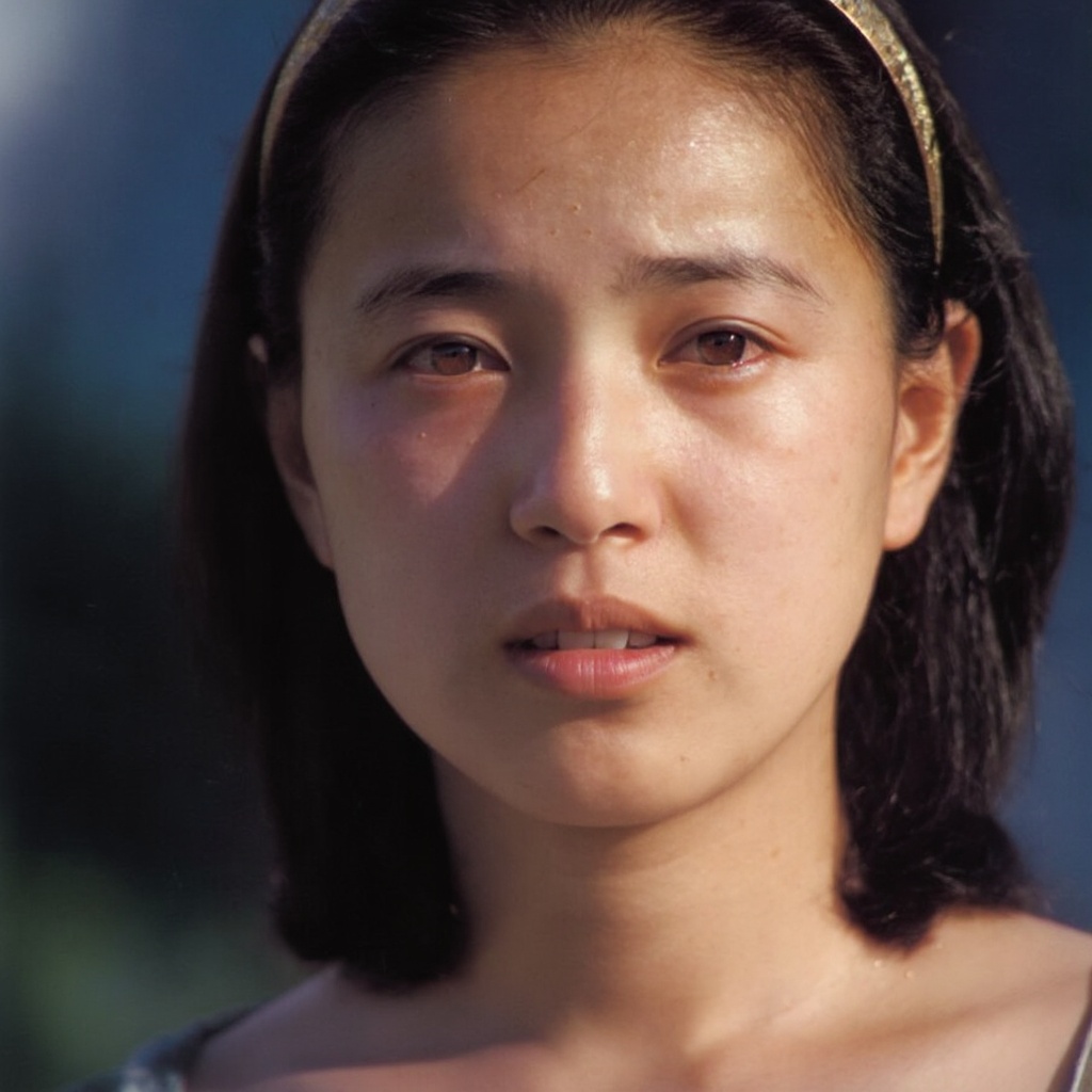 cxm,  A close-up portrait captures an East Asian woman with a neutral expression and slightly parted lips. Her sleek dark...