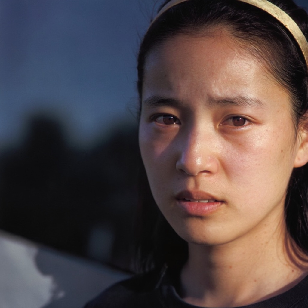 cxm,  A close-up portrait captures an East Asian woman with a neutral expression and slightly parted lips. Her sleek dark...