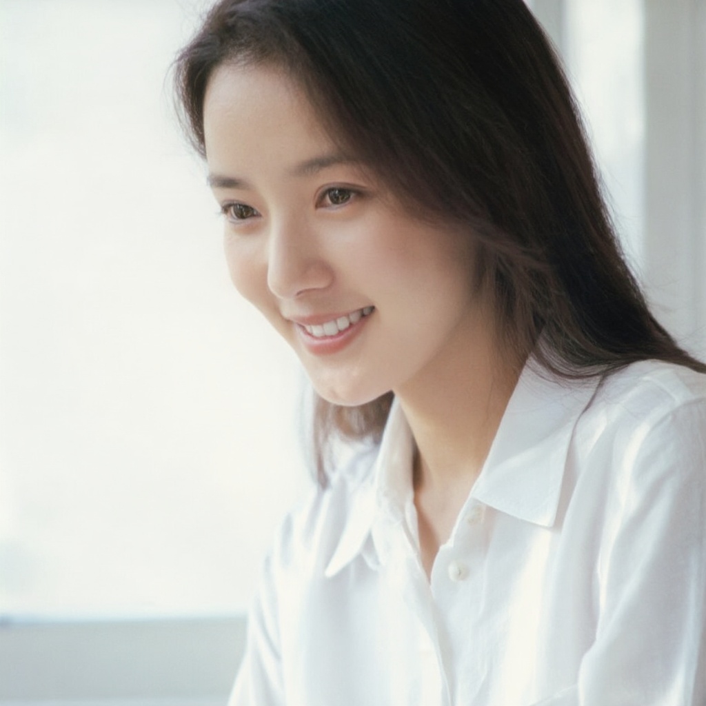 Beautiful Chinese woman portrait,  wearing a crisp white button-up shirt,  natural window light from side on Tensor.Art