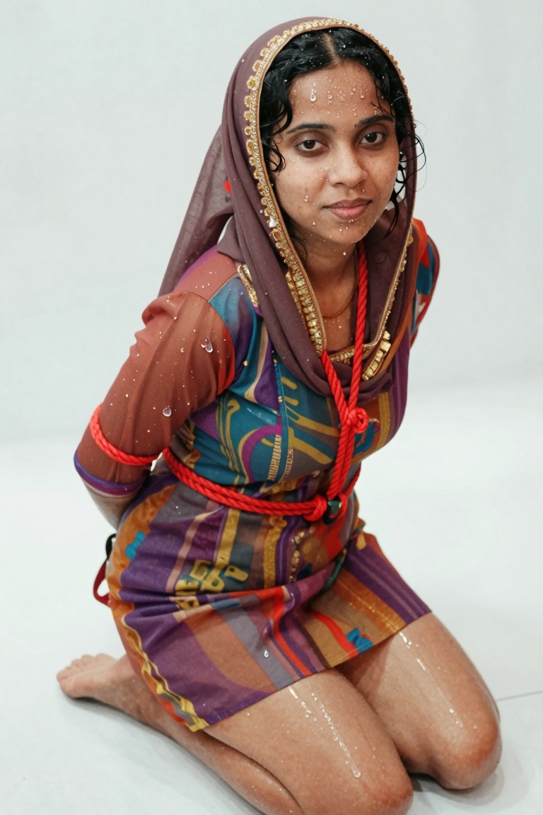 An artistic face zoom angle full body shot of a black hair 19 year girl captured in a Bondagee with red rope setting,  ,...