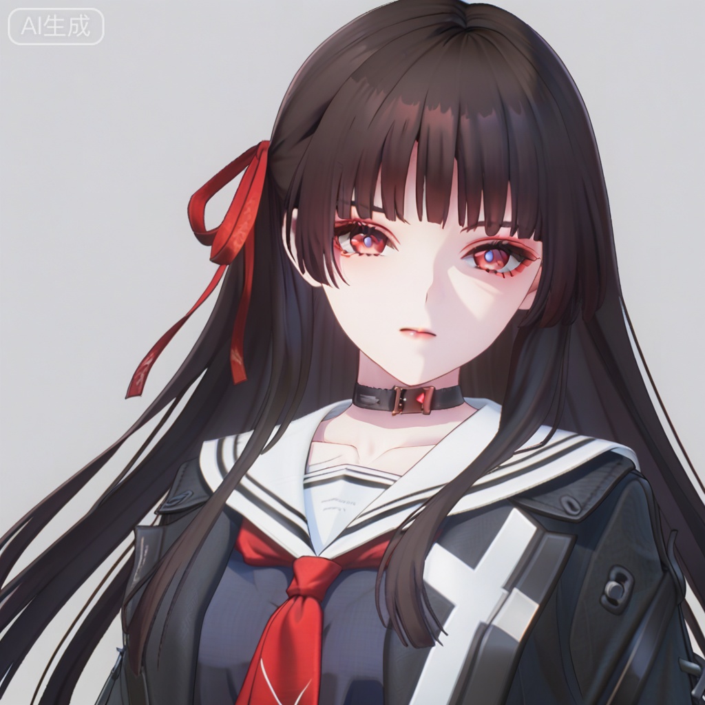 score_9,score_8_up,score_7_up,QX,1girl, solo, long hair, looking at viewer, simple background, shirt, black hair, long sleeves, red eyes, closed mouth, jacket, school uniform, upper body, black jacket, red hair ribbon, collarbone, upper teeth only, sailor collar, red scarf, choker