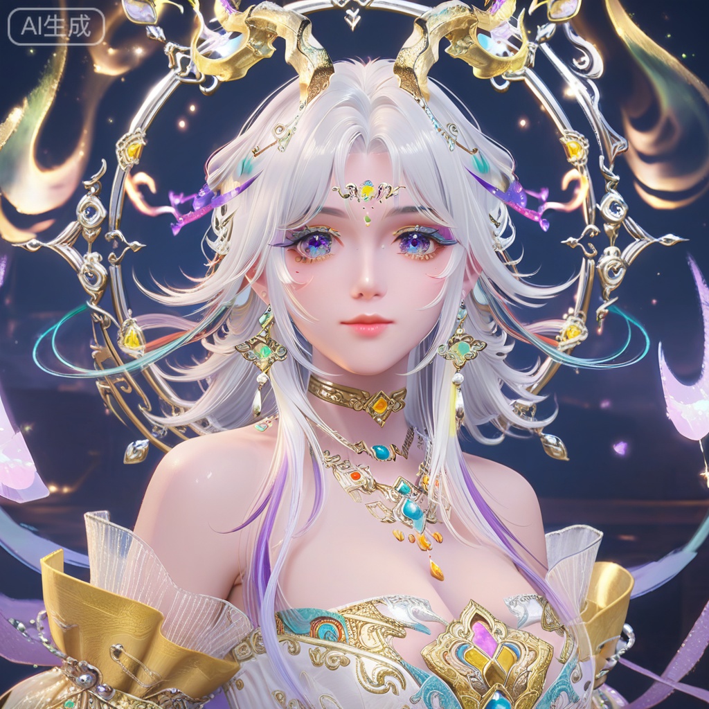 score_9,score_8_up,score_7_up,NIKKI,1girl,solo,long hair,breasts,looking at viewer,closed mouth,jewelry,bare shoulders,purple eyes,white hair,multicolored hair,horns,necklace,mole,mole under eye,gem,colored sclera,circlet,floating hair
