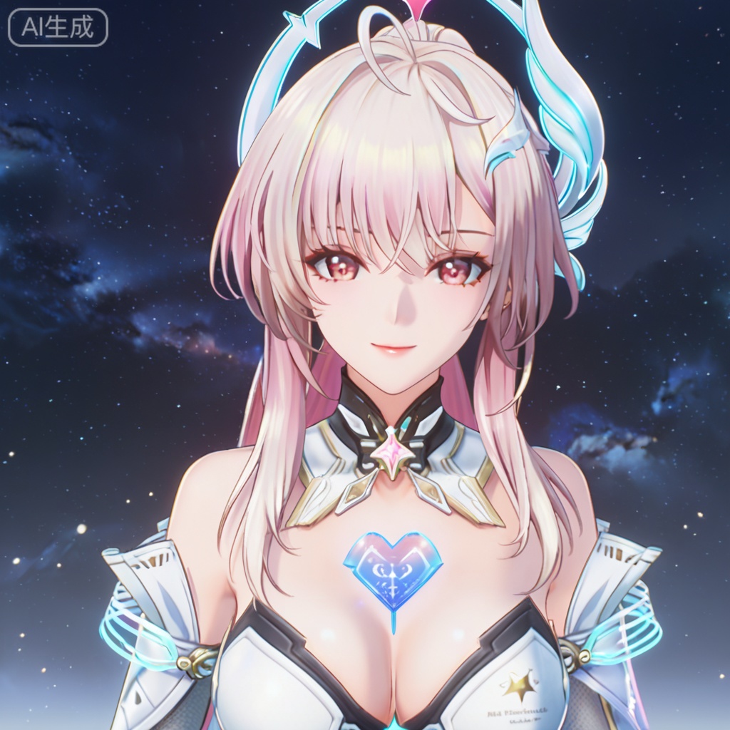 score_9,score_8_up,score_7_up,AMS,1girl, solo, long hair, breasts, looking at viewer, smile, simple background, large breasts, hair ornament, cleavage, bare shoulders, medium breasts, brown eyes, collarbone, upper body, white hair, pink eyes, horns, parted lips, horns on head, detached collar, cleft of venus, star \(symbol\), night, starry sky, shoulder armor, gem, glowing, chest plate, blue gem