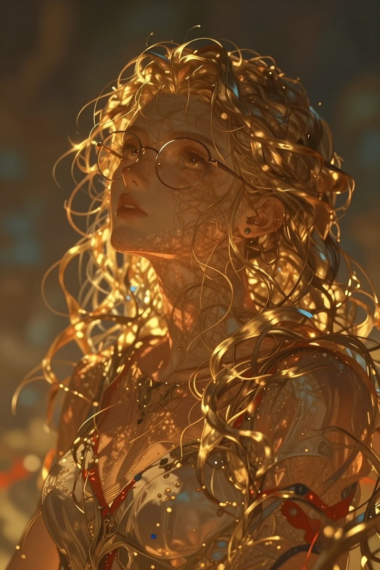 A young woman with wavy light-blonde hair,  softly lit by warm golden light from the side. She wears thin round-framed gla...