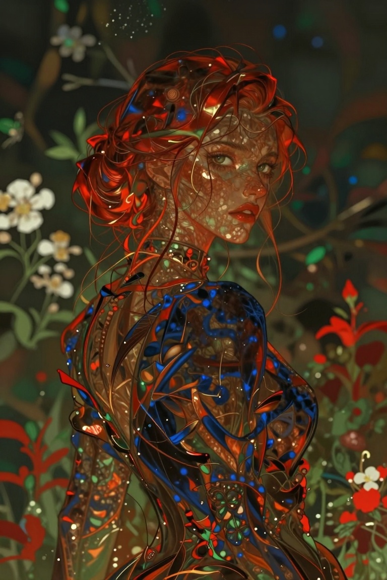A young woman with rich auburn hair styled in a loose updo,  a few strands framing her face,  turns slightly over her shou...