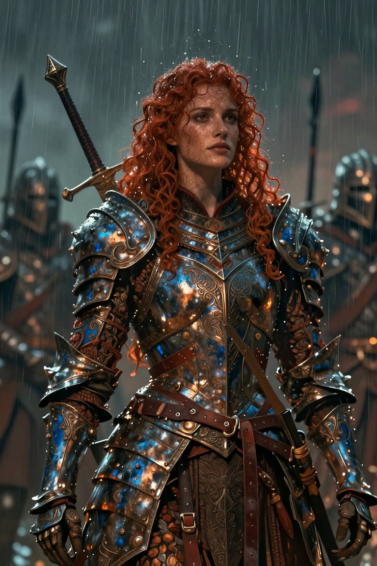 A young woman with vibrant curly red hair stands in the rain,  water droplets clinging to her hair and armor. She wears or...