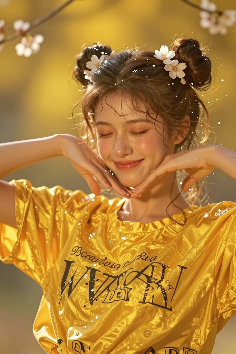 A young woman with dark hair in a high twin-bun,  adorned with white cherry blossoms,  smiles playfully with eyes closed....