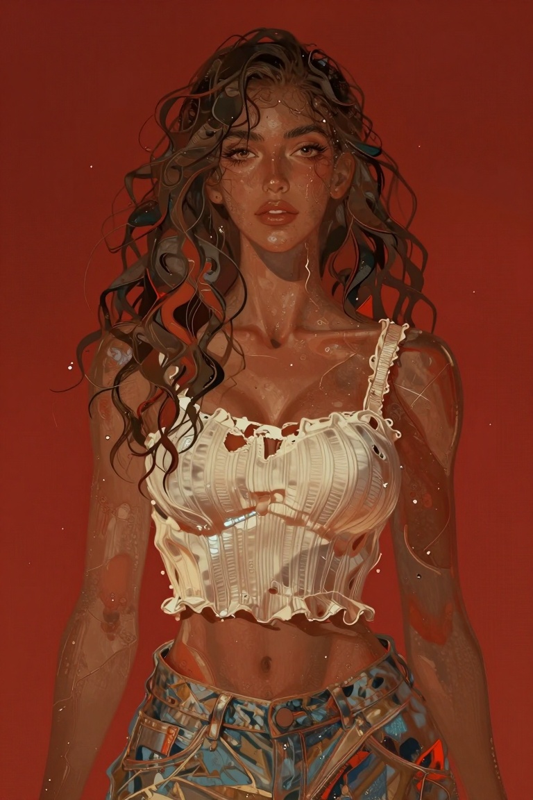 A young woman with voluminous wavy dark hair stands against a solid vibrant red studio background. She wears a white ribbe...