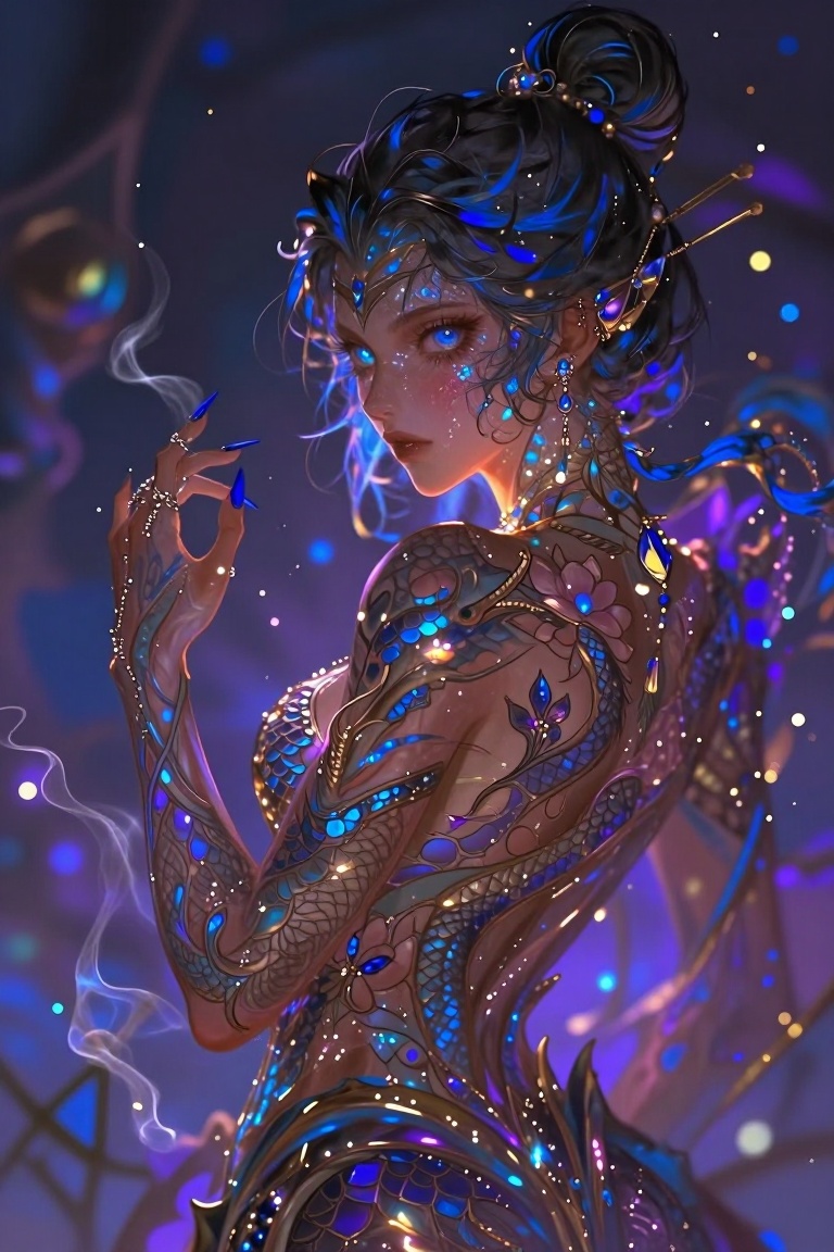 A stunning 22-year-old woman in a highly detailed fantasy-realistic illustration,  captured in a close-up rear-three-quart...