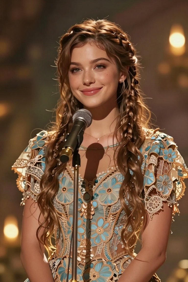 A young woman with long brown hair styled in loose braids and soft front tendrils stands before a microphone on a stand. S...