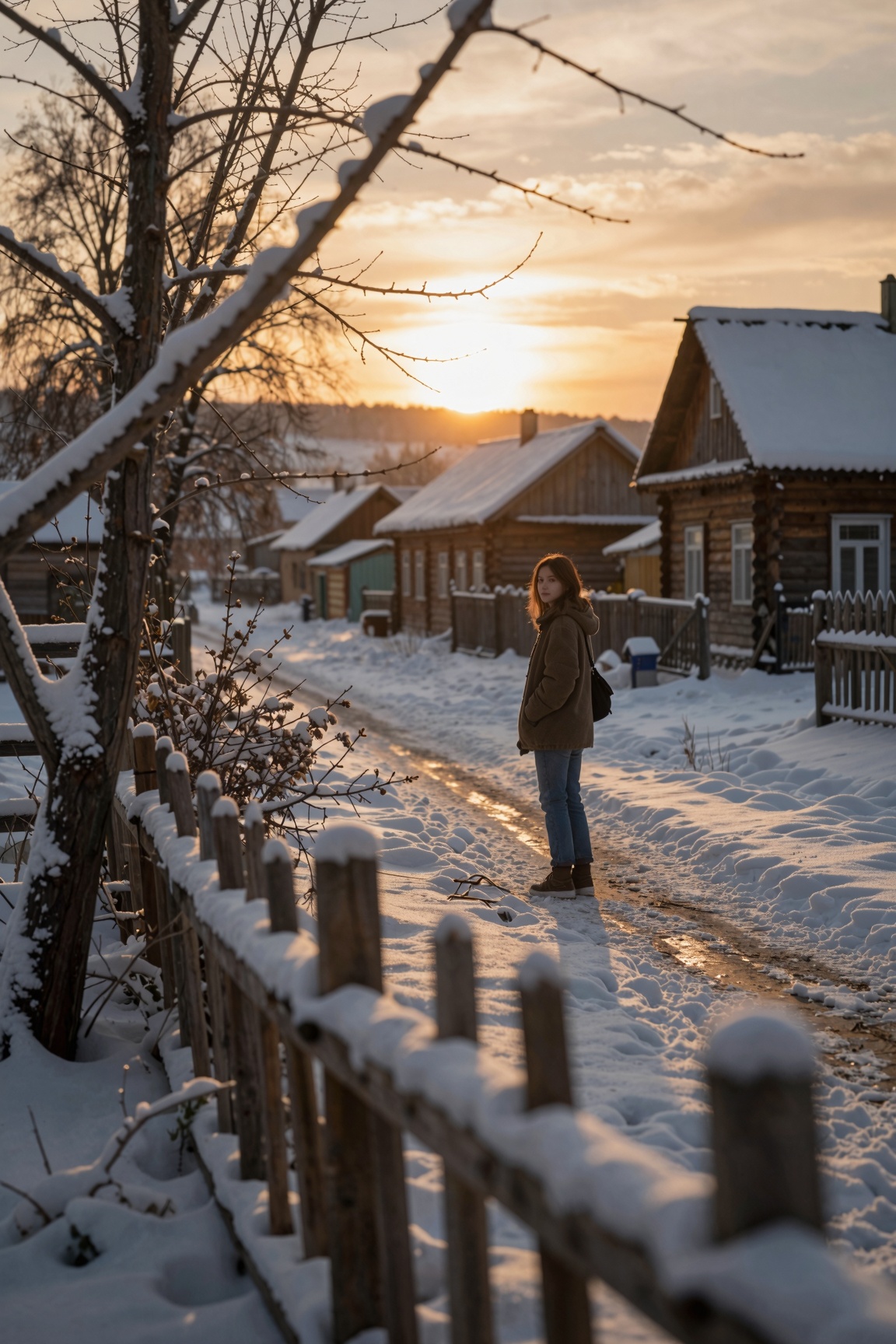 Cinematic,  photorealistic photograph of a rural winter landscape at sunset. A soft vignette frames the scene. In the blur...