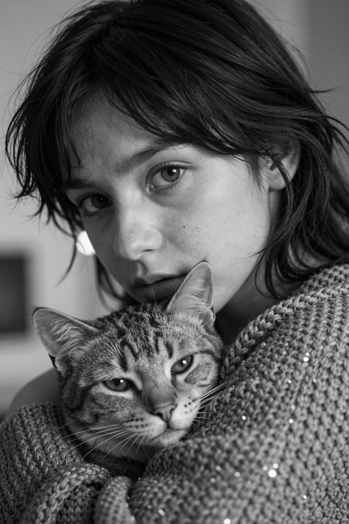 A black-and-white close-up of a person with dark,  tousled hair gently cradling a sleeping cat on their shoulder. The pers...