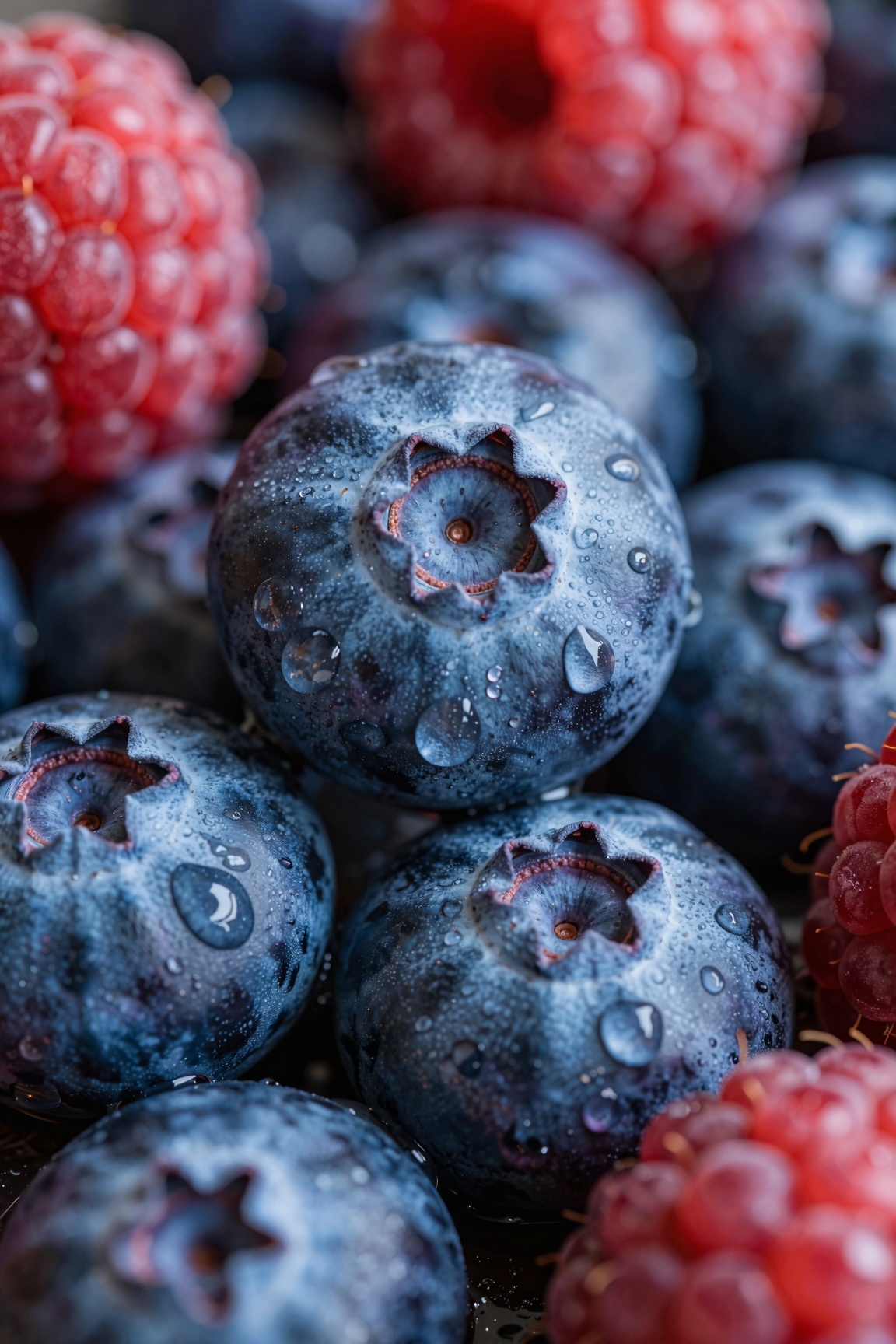 lose-up photo of blueberries and raspberries,  macro photography,  shallow depth of field on Tensor.Art