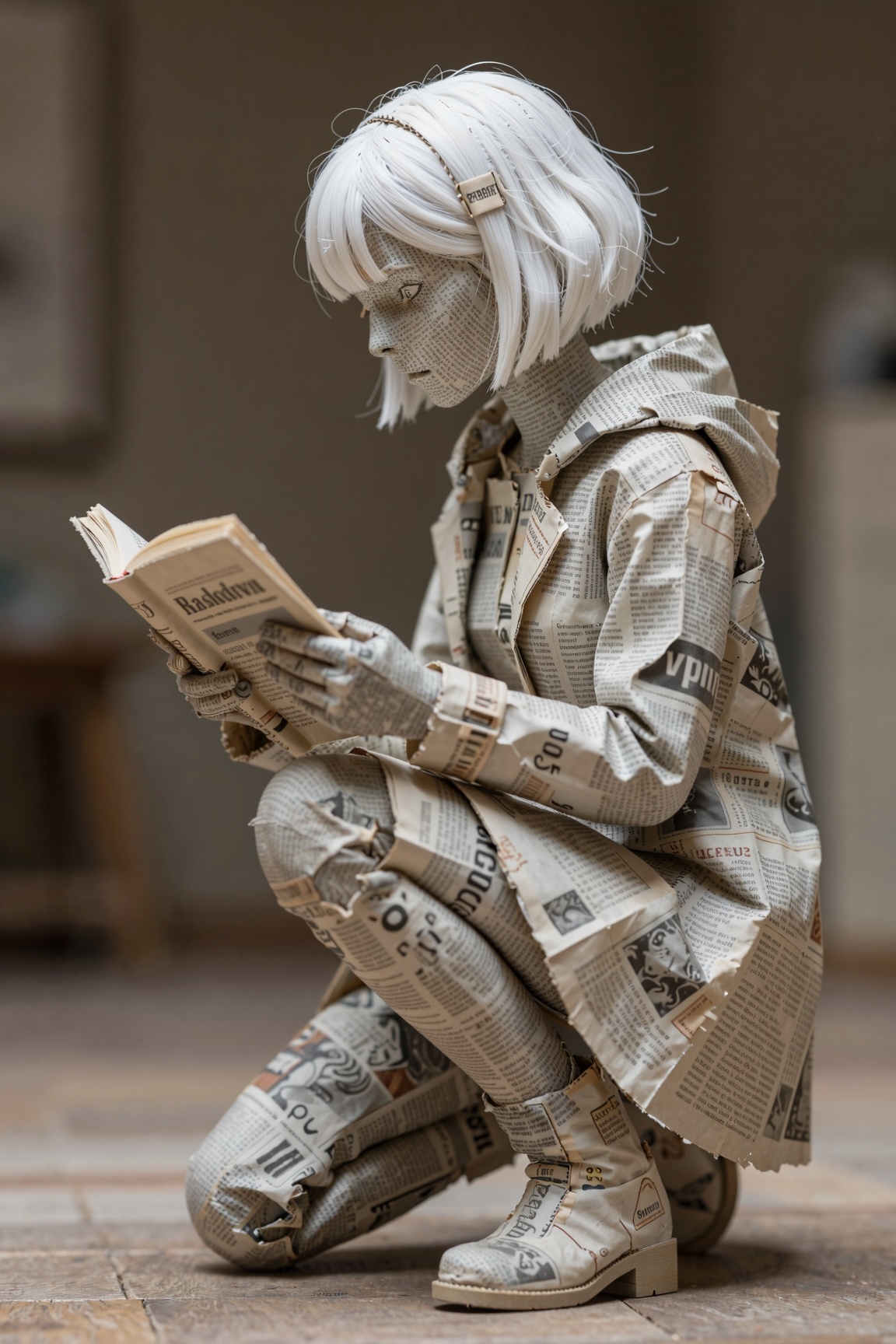 Papier-mâché sculpture of a girl with short white hair crouching and reading a book. The figure is intricately constructed...