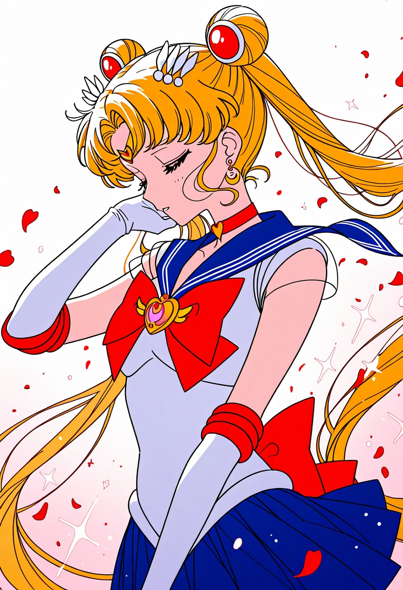 a character with long,  flowing hair adorned with red and white accessories. the character is wearing a blue and white dre...
