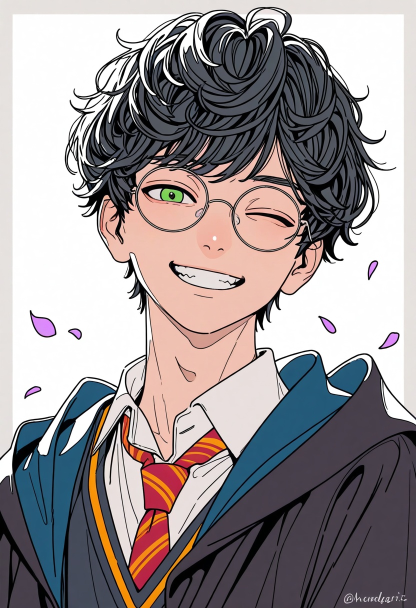 a dutch angle portrait of a young boy with curly hair,  wearing round glasses. he is dressed in a blue robe with a red and...