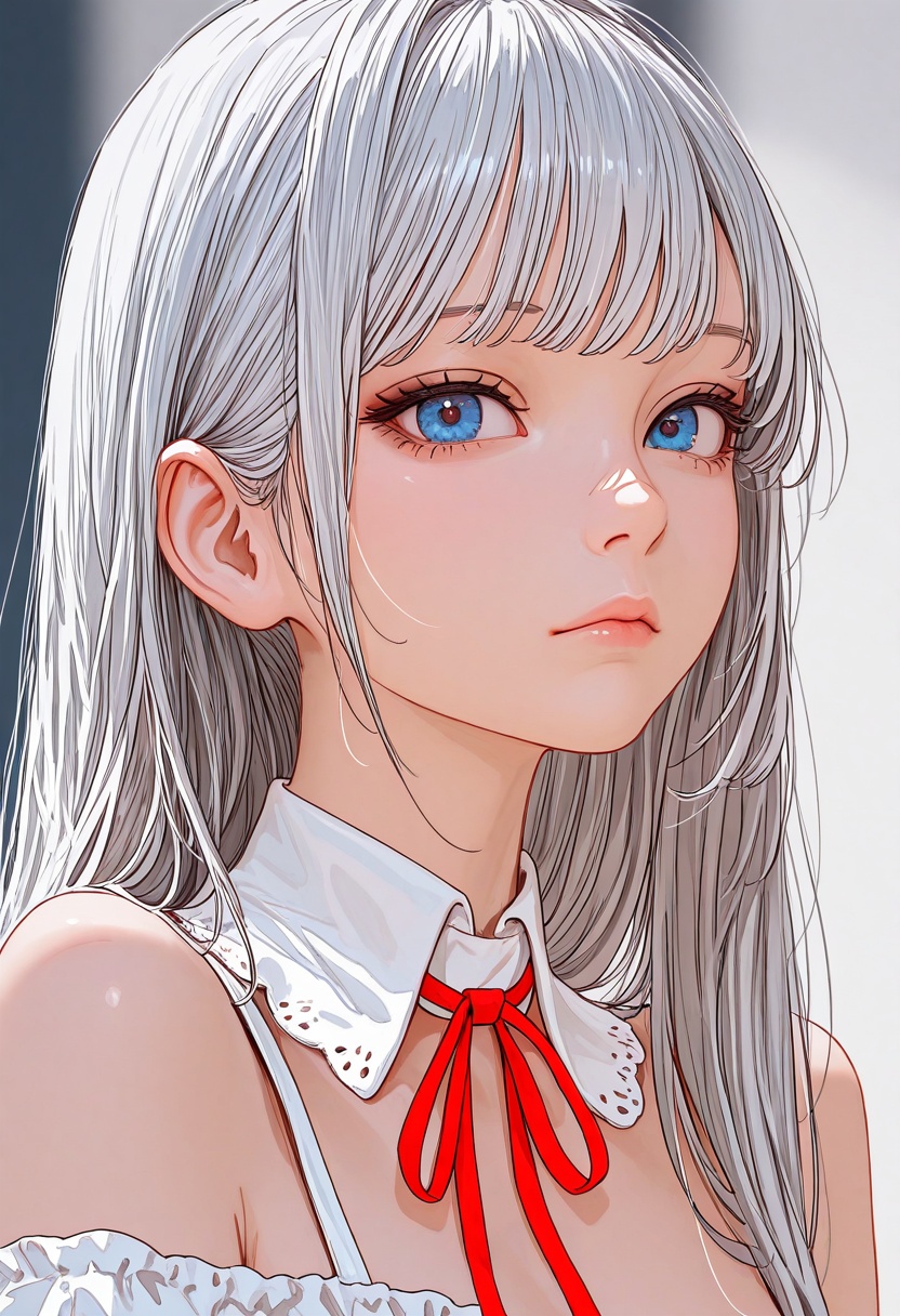 a close-up portrait of a female figure with long,  silver hair and striking blue eyes. she is wearing a white top with a r...