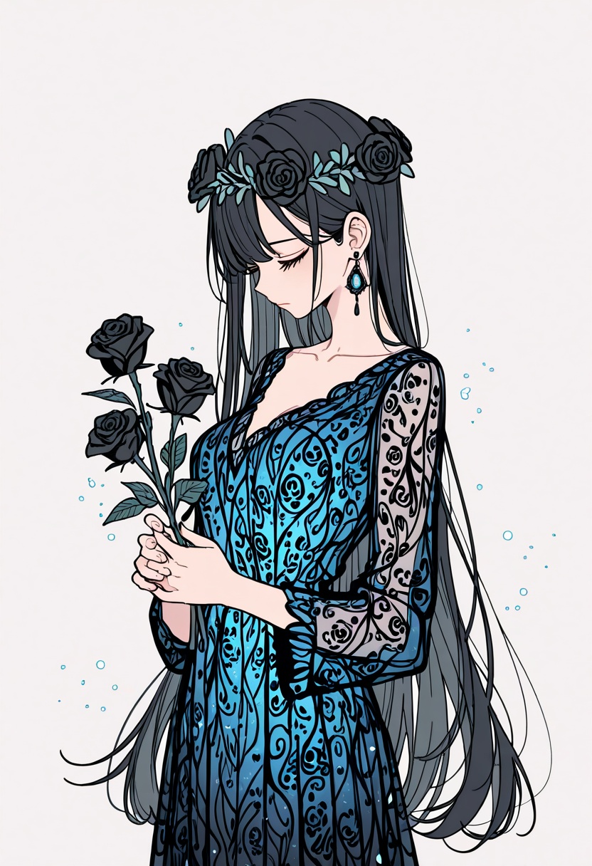 a female character with long flowing black hair adorned with a blue floral wreath. she is wearing a translucent dress with...